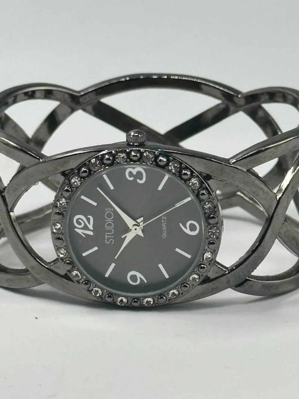 3/$30 Studio Time Watch Women Black Crystal Bezel Clamper Cuff Band 6.75